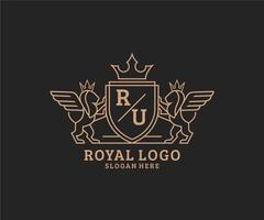 Initial RU Letter Lion Royal Luxury Heraldic,Crest Logo template in vector art for Restaurant, Royalty, Boutique, Cafe, Hotel, Heraldic, Jewelry, Fashion and other vector illustration.