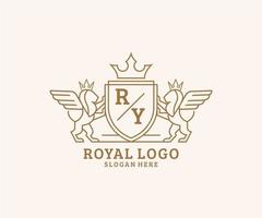 Initial RY Letter Lion Royal Luxury Heraldic,Crest Logo template in vector art for Restaurant, Royalty, Boutique, Cafe, Hotel, Heraldic, Jewelry, Fashion and other vector illustration.