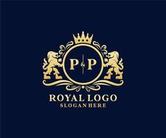 Initial PP Letter Lion Royal Luxury Logo template in vector art for Restaurant, Royalty, Boutique, Cafe, Hotel, Heraldic, Jewelry, Fashion and other vector illustration.