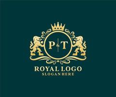 Initial PT Letter Lion Royal Luxury Logo template in vector art for Restaurant, Royalty, Boutique, Cafe, Hotel, Heraldic, Jewelry, Fashion and other vector illustration.