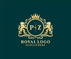 Initial PZ Letter Lion Royal Luxury Logo template in vector art for Restaurant, Royalty, Boutique, Cafe, Hotel, Heraldic, Jewelry, Fashion and other vector illustration.