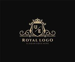 Initial UE Letter Luxurious Brand Logo Template, for Restaurant, Royalty, Boutique, Cafe, Hotel, Heraldic, Jewelry, Fashion and other vector illustration.