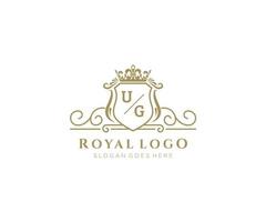 Initial UG Letter Luxurious Brand Logo Template, for Restaurant, Royalty, Boutique, Cafe, Hotel, Heraldic, Jewelry, Fashion and other vector illustration.