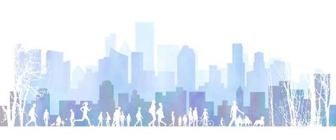 Cityscape with silhouette group of people in various activities vector