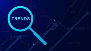 Trend analysis with magnifying glass icon and arrow up. SEO keywording, customer insight concept background design. Vector illustration.