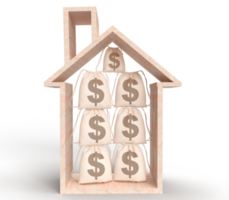 Hem hus trä- väska oss dollar valuta pengar symbol tecken verklig egendom fast egendom företag försäljning inteckning investering bostads- lån skuld finansiell hyra bostad pengar bank mäklare köpare.3d framställa png