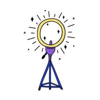 Studio ring lamp vector icon. Round led on a tripod. Gadget for selfie, streaming, blogging, beauty. Bright glowing device. Illustration isolated on white. Flat cartoon clipart for logo, apps, web