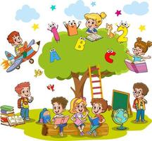 A cartoon of children reading books under a tree with the letters abc and c on it. vector