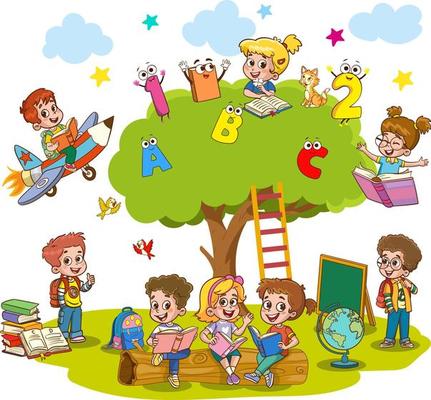 A cartoon of children reading books under a tree with the letters abc and c on it.