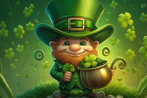 Generative AI illustration of whimsical Irish cartoon, shamrock, beer, green, pot of gold, happy St. Patrick Day, quilling paper cut art photo