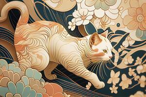 illustration of a cat is exploring, Japanese style pattern background, pastel illustration photo