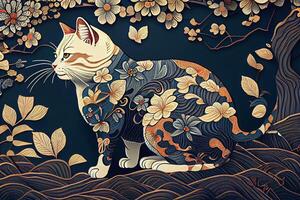 illustration of a cat is exploring, Japanese style pattern background, pastel illustration photo