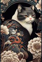 illustration of a cat is exploring, Japanese style pattern background, pastel illustration photo