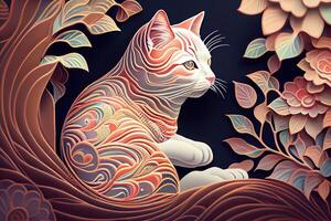 illustration of a cat is exploring, Japanese style pattern background, pastel illustration photo