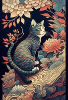 illustration of a cat is exploring, Japanese style pattern background, pastel illustration photo