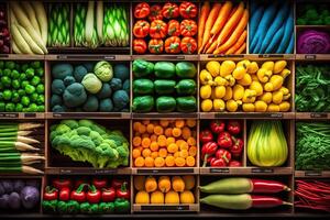 Generative AI illustration of vegetable farmer market counter colorful various fresh organic healthy vegetables at grocery store. Healthy natural food concept photo