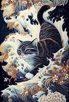 generativo ai ilustración de un gato es explorador, japonés estilo modelo fondo, pastel ilustración foto