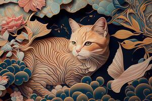 illustration of a cat is exploring, Japanese style pattern background, pastel illustration photo