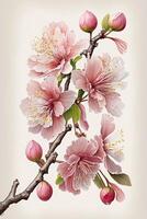 illustration of realistic sakura or cherry blossom, japanese spring flower sakura, pink cherry flower on white background photo