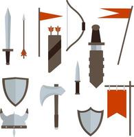 Knight sword, axe, helmet, bow with arrow, quiver and dagger, scabbard. Set of medieval weapons and armor. Red flags of tournament. Flat icons for app and games vector