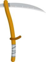 Village scythe. Wooden tool with blade. Mowing grass. Symbol of the rural harvest. Cartoon flat illustration on white background vector