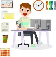 Programmer at work. Hobbies and Internet. Man sitting at table with computer and monitor. Cup of coffee and books. Freelance typing message. Cartoon flat illustration. Office set collection. vector