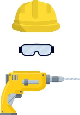 Clothing and tools the worker and the Builder. Yellow uniform, gloves, drill, goggles and helmet. industrial safety. Kit items and objects. Type of profession. Cartoon flat illustration