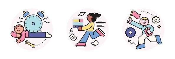 Labor Day. people who are working. An office worker who rushes with piles of documents and is crushed by a large clock. An office worker running with a flag. vector