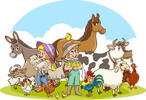 farmer kids and farm animal vector