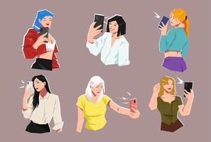 set of several female characters taking selfies with different poses, gestures, styles. holding and using a smartphone camera. concept of social media, photography, woman. cartoon vector illustration.