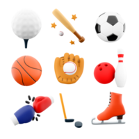 3d rendering golf, baseball bat, football, basketball, glove, bowling and skittles, boxing, hockey, ice skate icon set. 3d render sport conception icon set. png