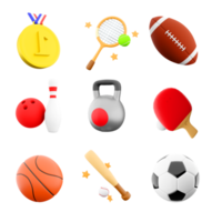 3d rendering gold medal, tennis racket, rugby, baseball bat, table, basketball, football, sports kettlebell, bowling and skittles icon set. 3d render sport conception icon set. png