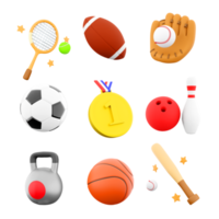 3d rendering gold medal, tennis racket, rugby, baseball bat and glove, basketball, football, sports kettlebell, bowling and skittles icon set. 3d render sport conception icon set. png