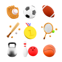 3d rendering gold medal, football, rugby, baseball bat and glove, tennis racket, sports kettlebell, basketball, bowling and skittles icon set. 3d render sport conception icon set. png