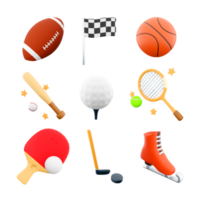 3d rendering rugby, race flag, basketball, baseball, bat, golf, tennis, racket, table tennis, hockey, ice skate icon set. 3d render sport conception icon set. png