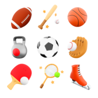 3d rendeing rugby, baseball bat, basketball, sport kettlebell, football, glove, table tennis, tennis, ice skate icon set, 3d render sport conception icon set. png