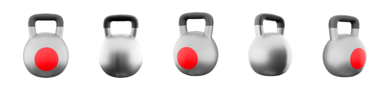 3d rendering sports kettlebell icon set. 3d render specially made object of a given mass different positions icon set. png