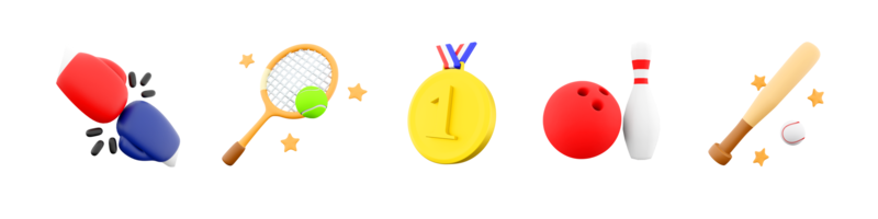 3d tolkning baseboll fladdermus, tennis racket och boll, guld medalj för först plats, bowling boll och käglor, boxning handskar ikon uppsättning. 3d framställa sport uppfattning ikon uppsättning. png