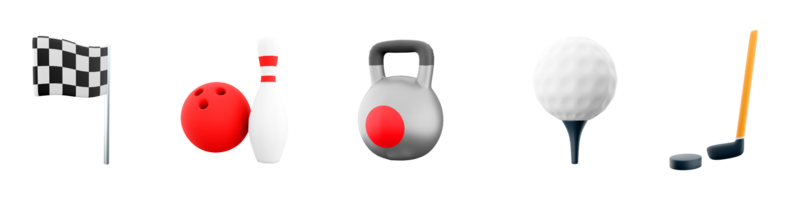 3d Rendern Bowling Ball und Kegeln, Rennen Flagge, Sport Kettlebell, Golf, Eishockey Stock und Puck Symbol Satz. 3d machen Sport Konzeption Symbol Satz. png