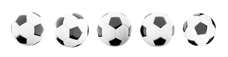 3d tolkning svart och vit klassisk fotboll boll ikon uppsättning. 3d framställa spelare Prova till sparka de boll in i de motståndare mål med sparkar annorlunda positioner ikon uppsättning. png