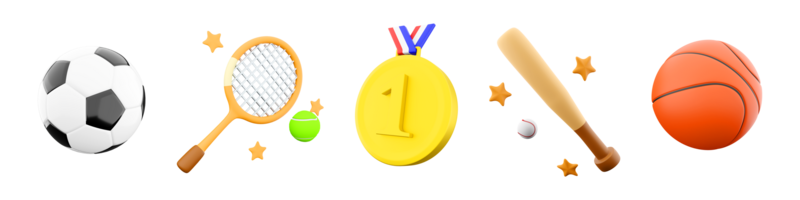 3d Rendern Baseball Schläger, Tennis Schläger und Ball, Basketball, Gold Medaille zum zuerst Ort, Fußball Symbol Satz. 3d machen Sport Konzeption Symbol Satz. png