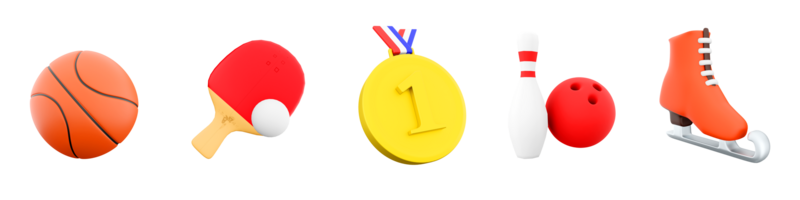 3d Renderização basquetebol, ouro medalha para primeiro lugar, boliche bola e boliche, gelo patins, mesa tênis ícone definir. 3d render esporte concepção ícone definir. png