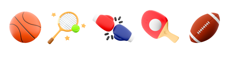 3d tolkning basketboll, tennis racket, röd och blå boxning handske, tabell tennis, rugby ikon uppsättning. 3d framställa sport uppfattning ikon uppsättning. png