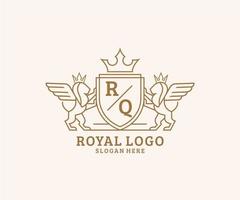 Initial RQ Letter Lion Royal Luxury Heraldic,Crest Logo template in vector art for Restaurant, Royalty, Boutique, Cafe, Hotel, Heraldic, Jewelry, Fashion and other vector illustration.