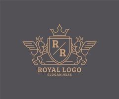 Initial RR Letter Lion Royal Luxury Heraldic,Crest Logo template in vector art for Restaurant, Royalty, Boutique, Cafe, Hotel, Heraldic, Jewelry, Fashion and other vector illustration.