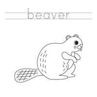Trace the letters and color cartoon beaver. Handwriting practice for kids. vector