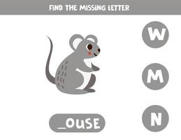 Find missing letter with cartoon mouse. Spelling worksheet. vector