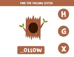 Find missing letter with cartoon tree hollow. Spelling worksheet. vector