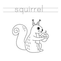 Trace the letters and color cartoon squirrel. Handwriting practice for kids. vector