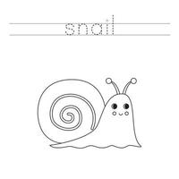 Trace the letters and color cartoon snail. Handwriting practice for kids. vector